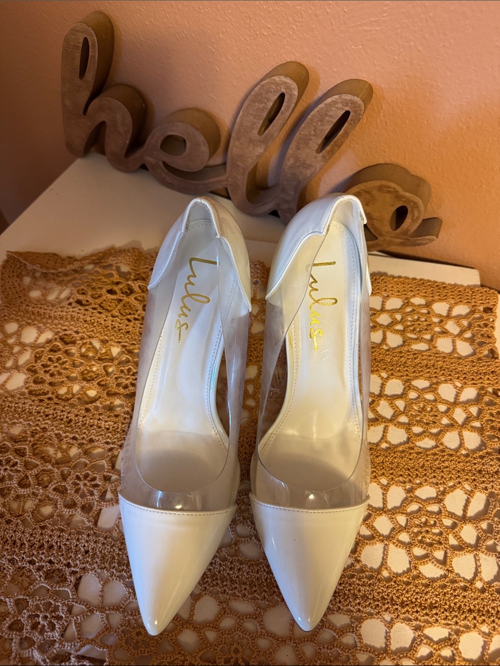 Lulu's White Pointed-Toe Pumps with Clear Panels